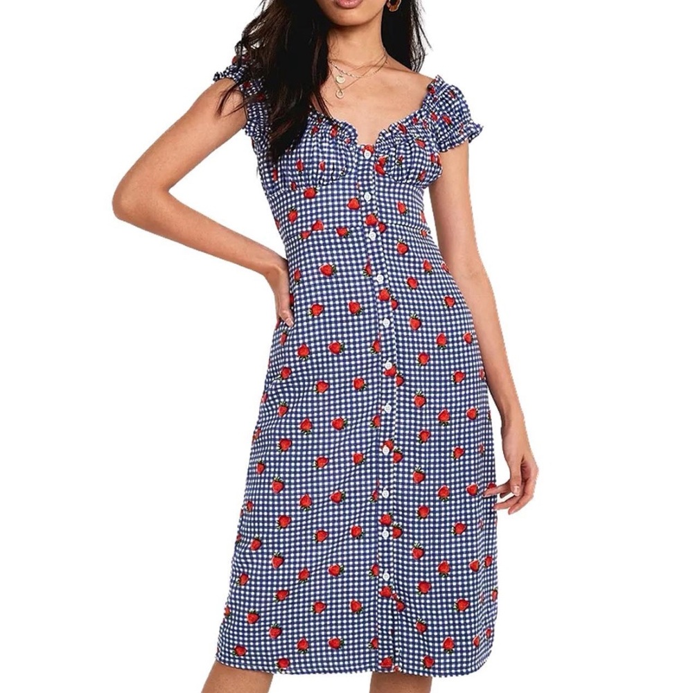 Blue gingham strawberry midi dress